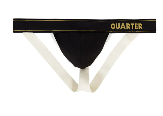 Black athletic briefs with cream side straps and gold quarter logo on waistband quarter homme ath-1101 size l