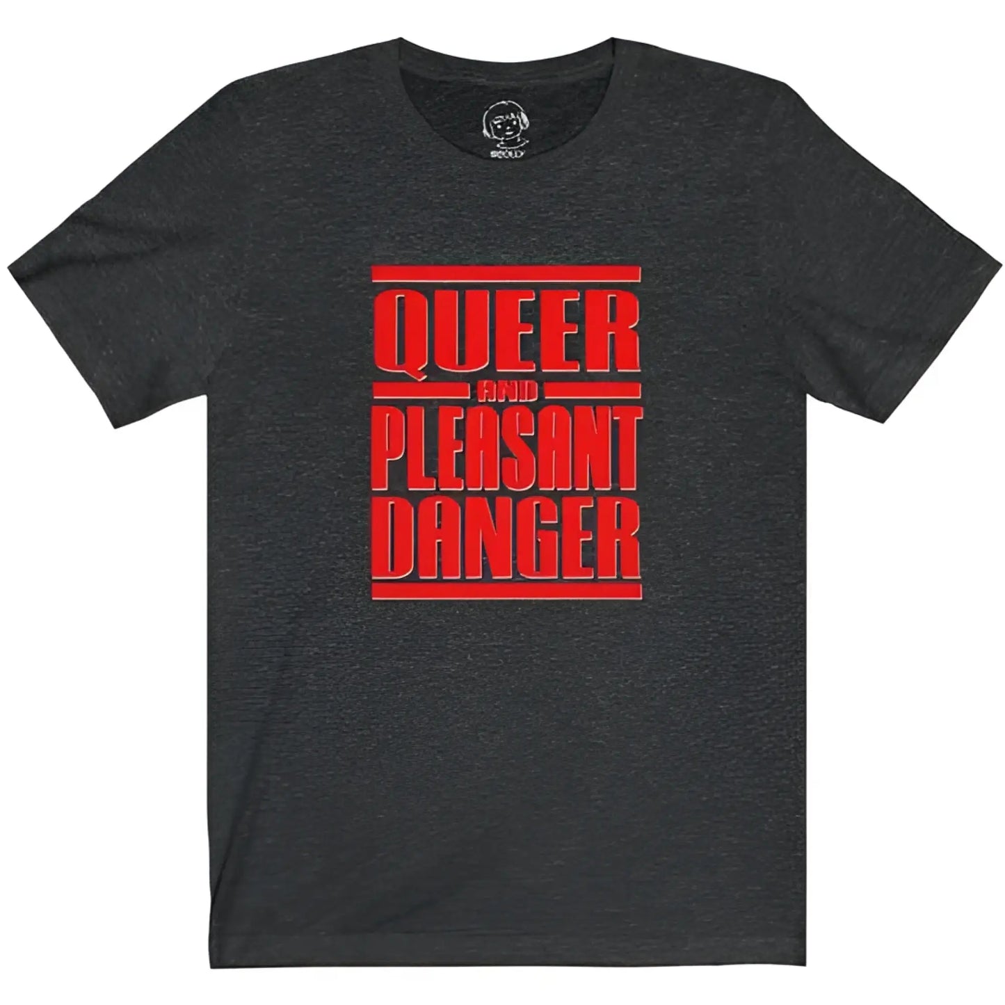 Dark heather gray short-sleeved t-shirt with bold red queer and pleasant danger text in blocky sans-serif font