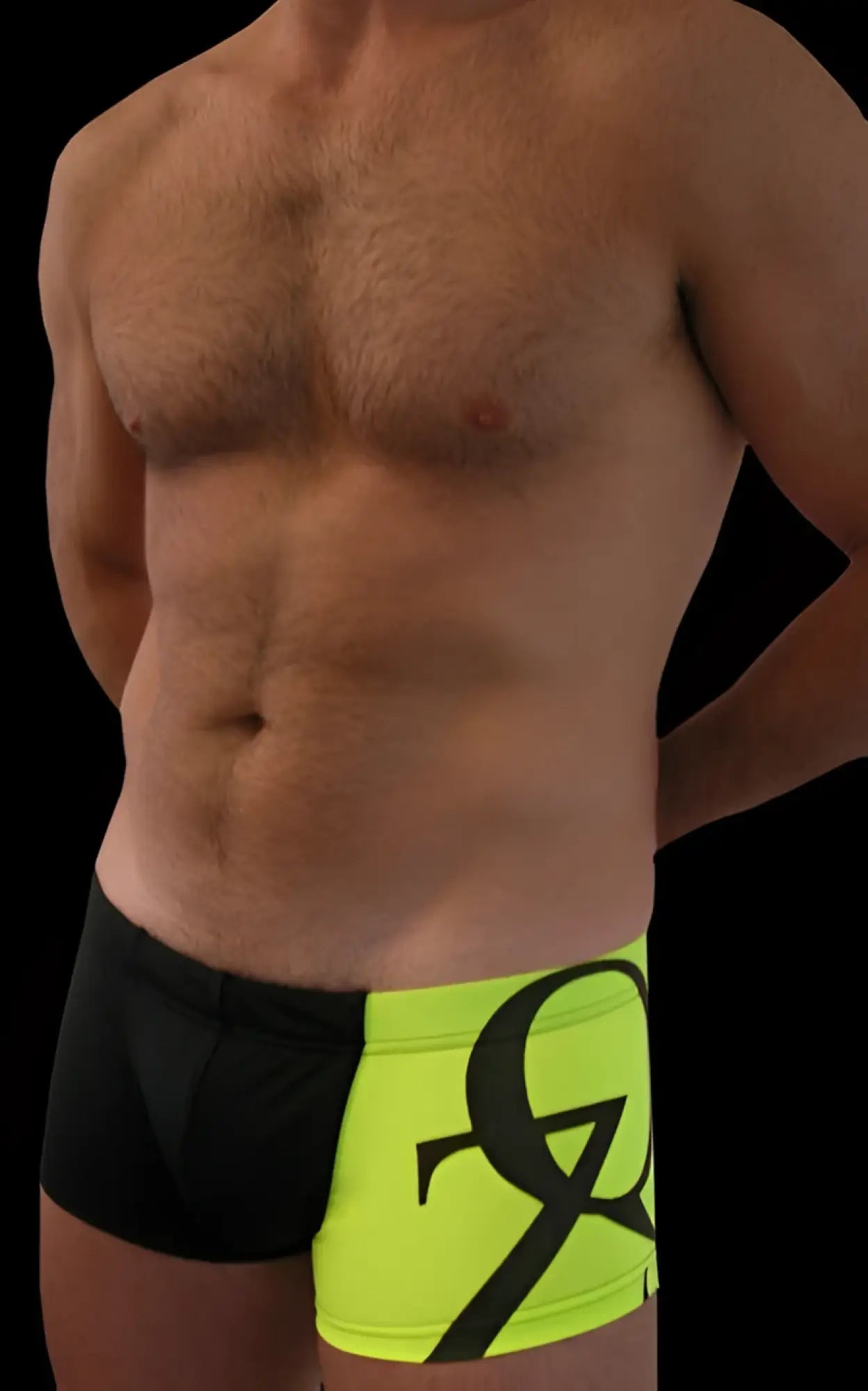 Neon yellow and black qz bodywear athletic briefs with bold stylized logo side print in size medium