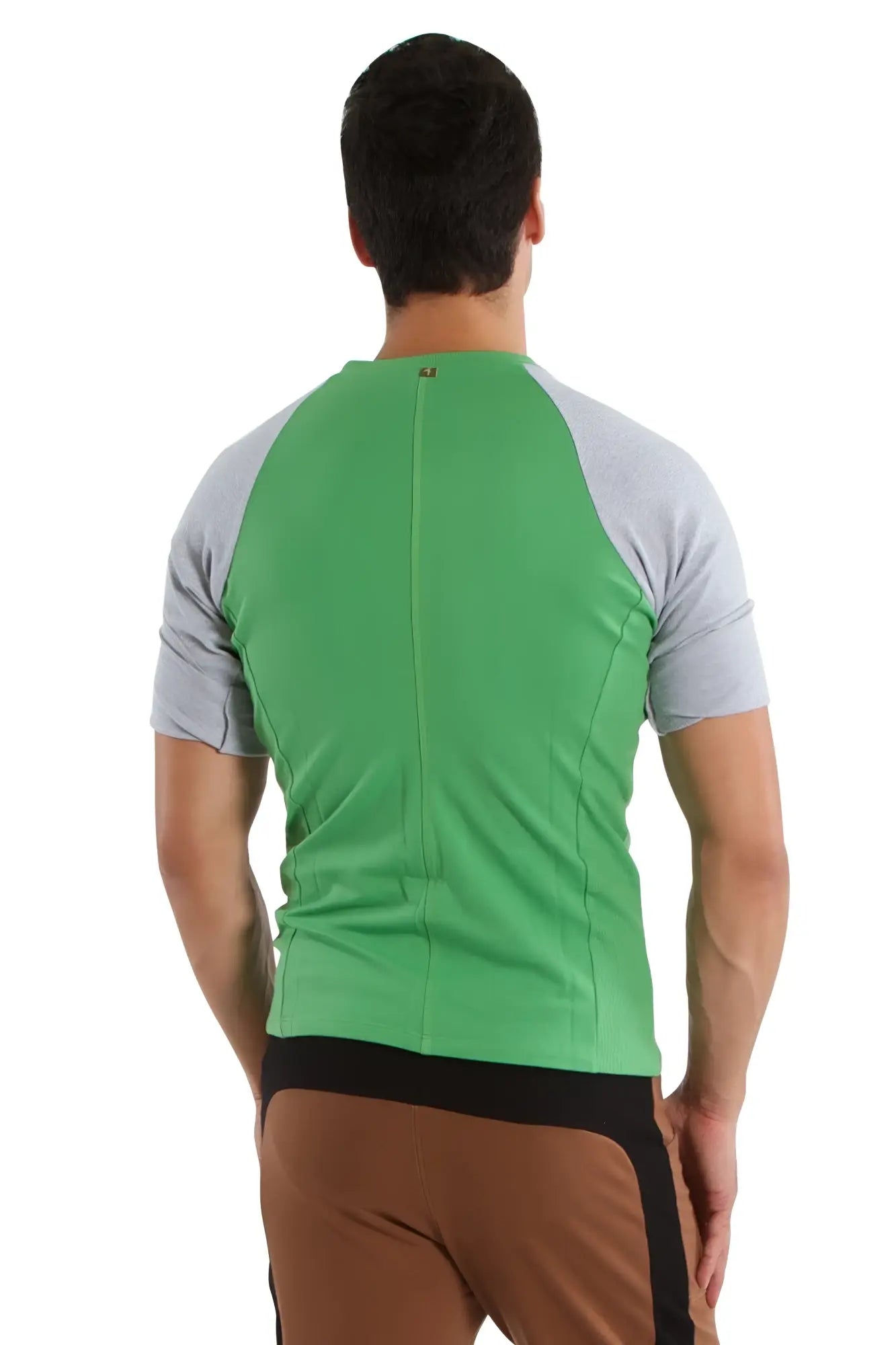 Green and gray bamboo green raglan virtual crew neck athletic shirt with black waistband for activewear use