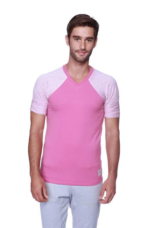 Pink v-neck raglan t-shirt with pink and grey striped sleeves in soft berry cotton blend for casual wear