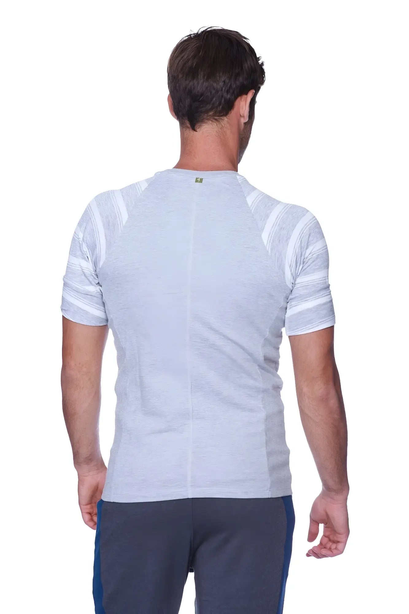 Gray heathered short sleeve raglan virtual crew neck shirt with white striped shoulder and sleeve panels