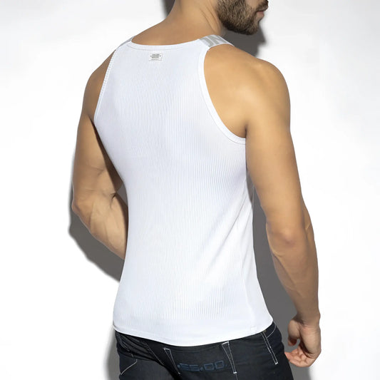 White recycled rib tank top with subtle gray trim along shoulder straps in a soft ribbed fabric