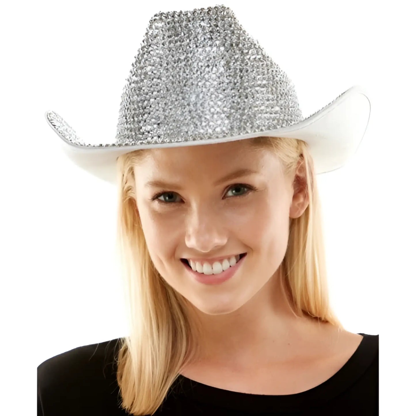 Silver rhinestone cowboy hat with a white brim featuring sparkling details for stylish western wear