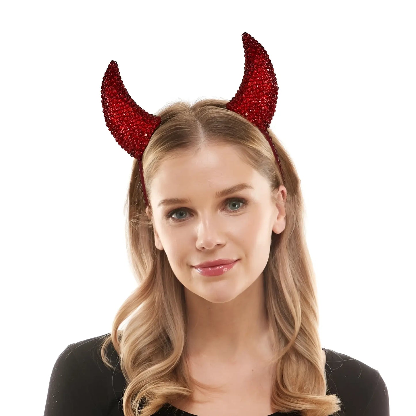 Rhinestone devil headband featuring red rhinestone-covered horns for costume or party wear