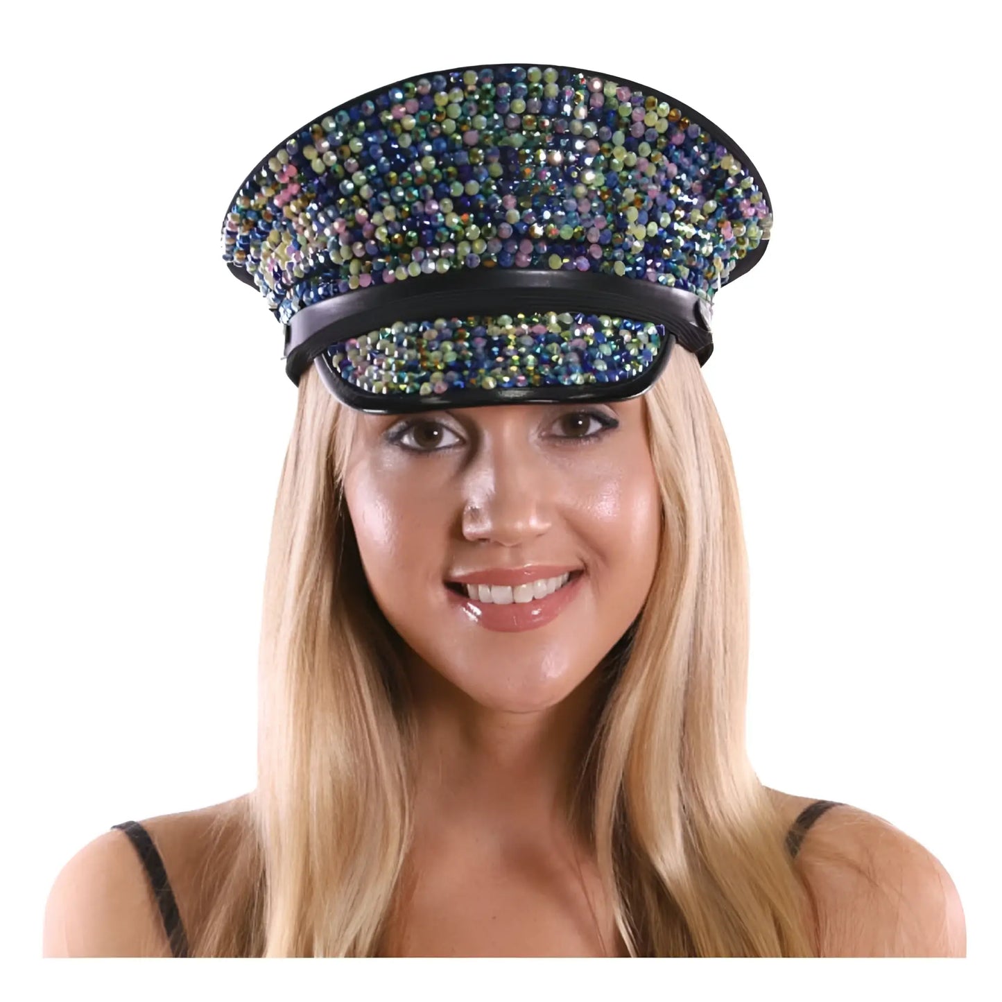 A dazzling black rhinestone festival hat adorned with dense multicolored blue green and purple rhinestones