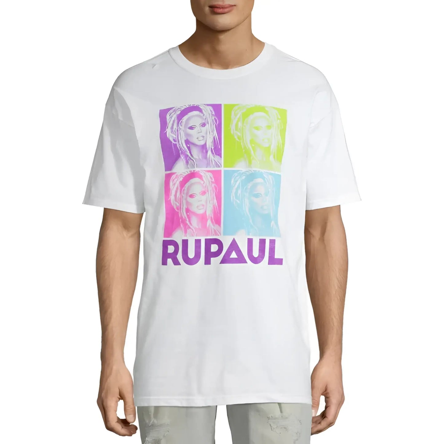White cotton t-shirt featuring a vibrant rupaul pop-art graphic in purple lime green pink and cyan with rupaul printed below