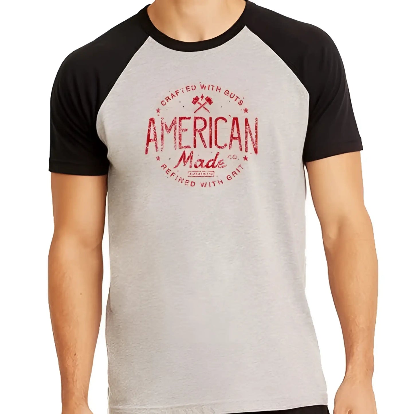 Gray and black raglan sleeve t shirt with red distressed american made graphic ruff riders size m