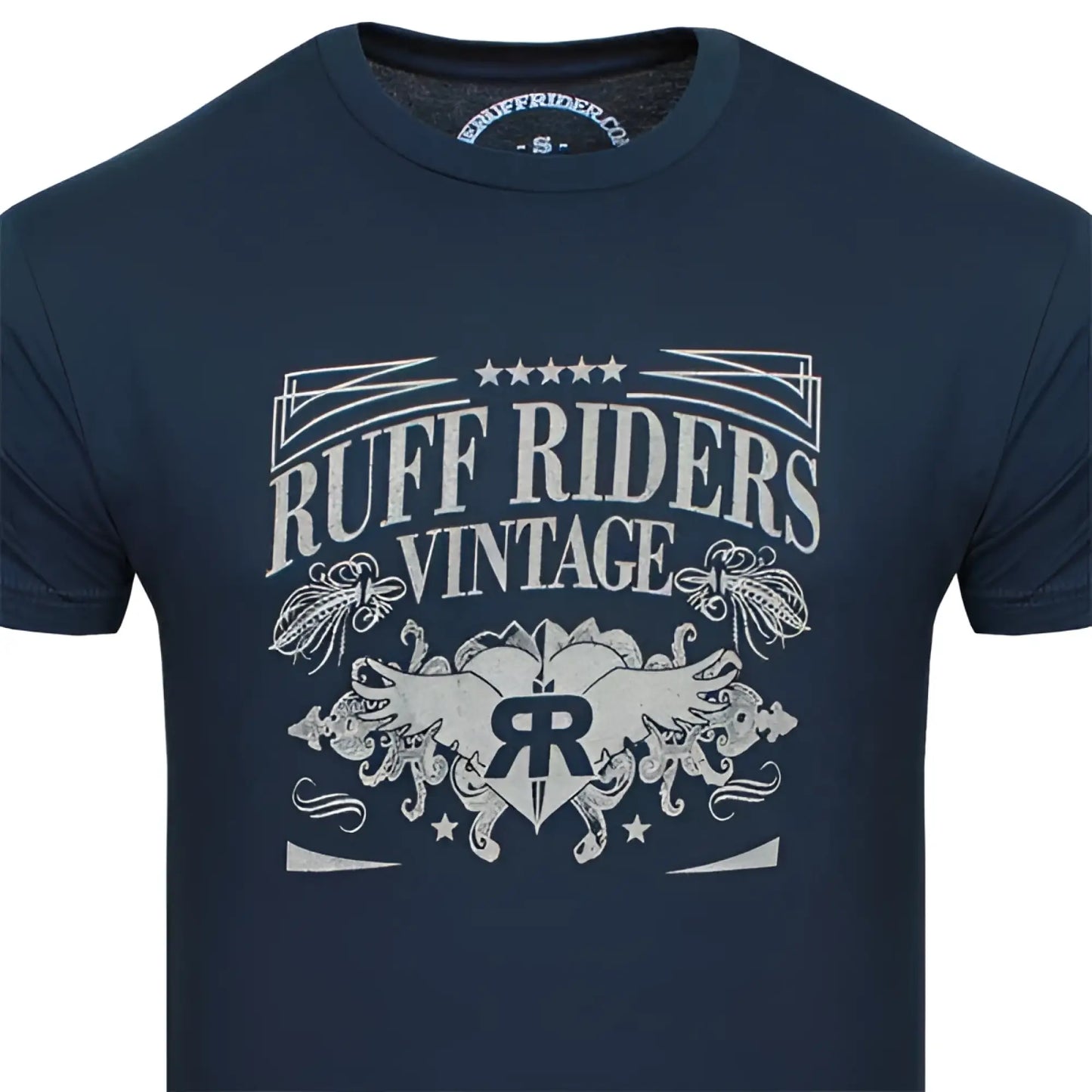 Dark blue cotton ruff riders legacy short sleeved t shirt with distressed white vintage graphic and winged emblem size m