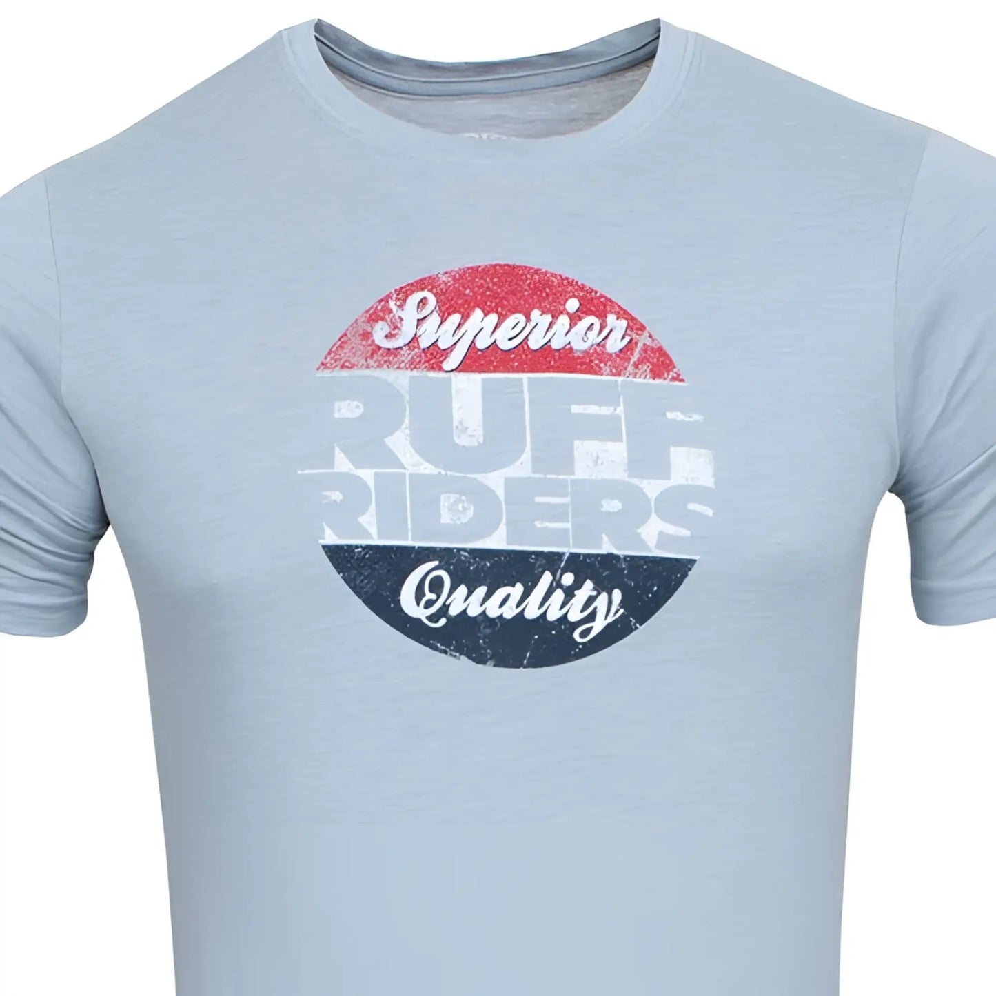 Light blue heathered cotton ruff riders short sleeved t shirt with distressed superior ruff riders quality graphic