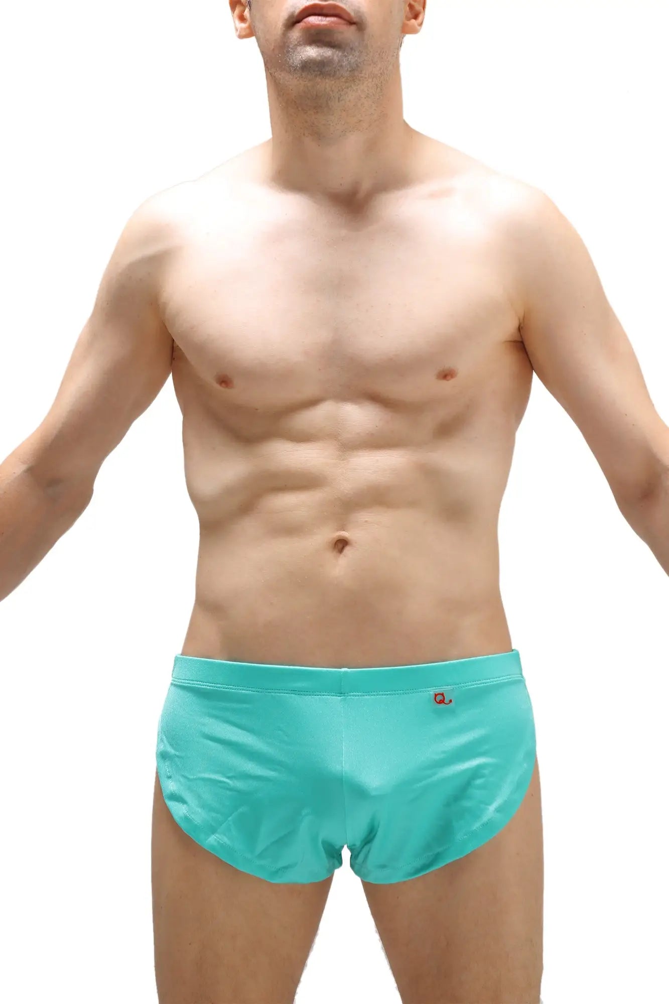 Turquoise running shorts joe green with snug fit and a small red logo on the waistband front view