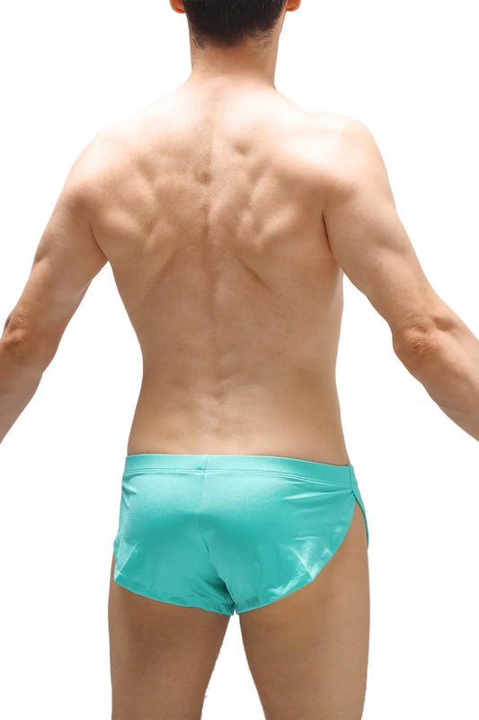 Running shorts joe green turquoise shiny fabric swim trunks ideal for athletic and casual wear
