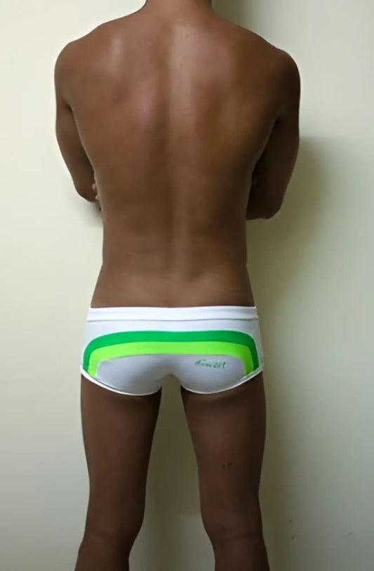 White briefs swimwear by s by slot featuring lime green and teal waistband stripes with a subtle logo size s