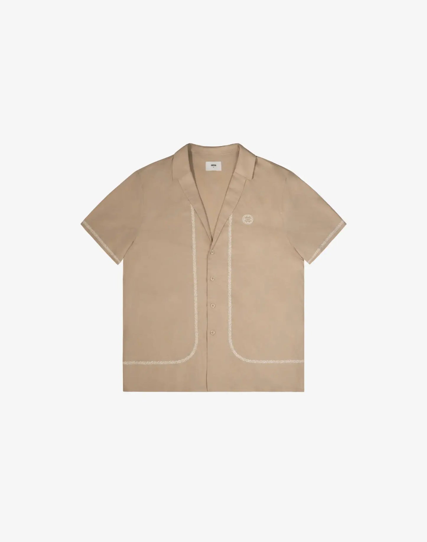 Beige santorini linen shirt with short sleeves button-up front contrasting stitching and small embroidered logo on left chest
