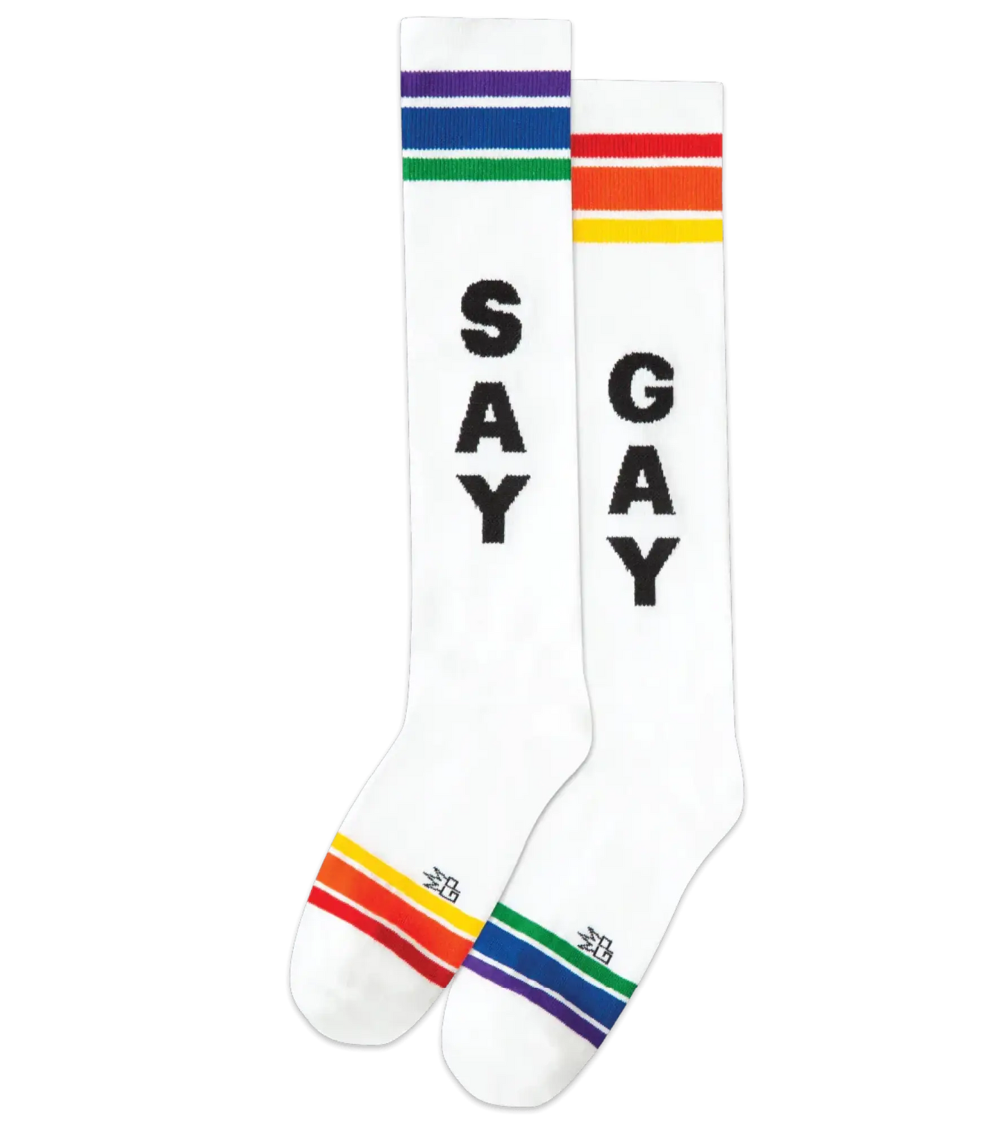 White knee high athletic socks with rainbow stripes and black say and gay print, SAY GAY knee high socks