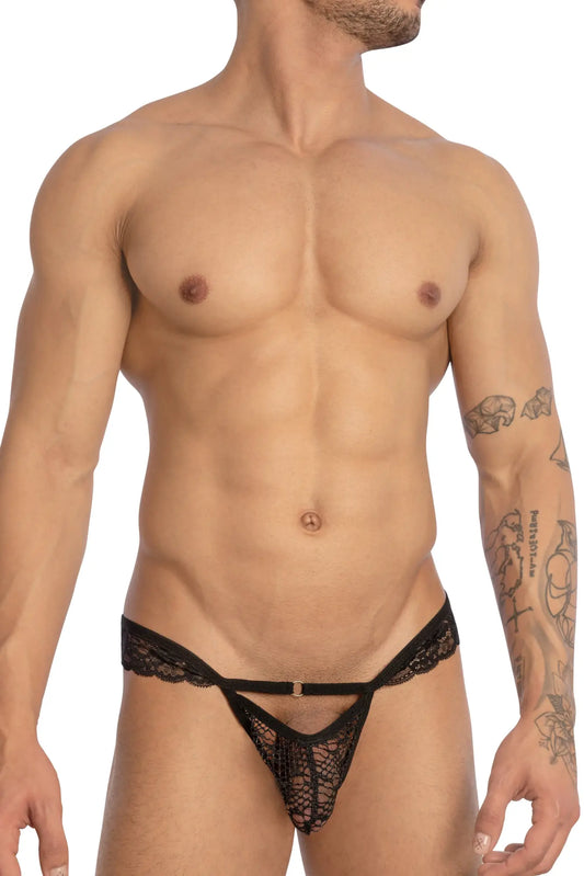 Black lace thong jockstrap secret male smc0017 with central strap and decorative pattern shown from the back side