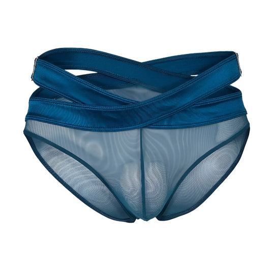 Blue mesh briefs with solid fabric waistband and crossed straps from secret male smi077 bikini collection