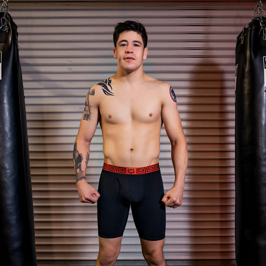 Black athletic briefs with red greek key patterned waistband sheath v men’s 8-inch sports performance boxer brief bundle