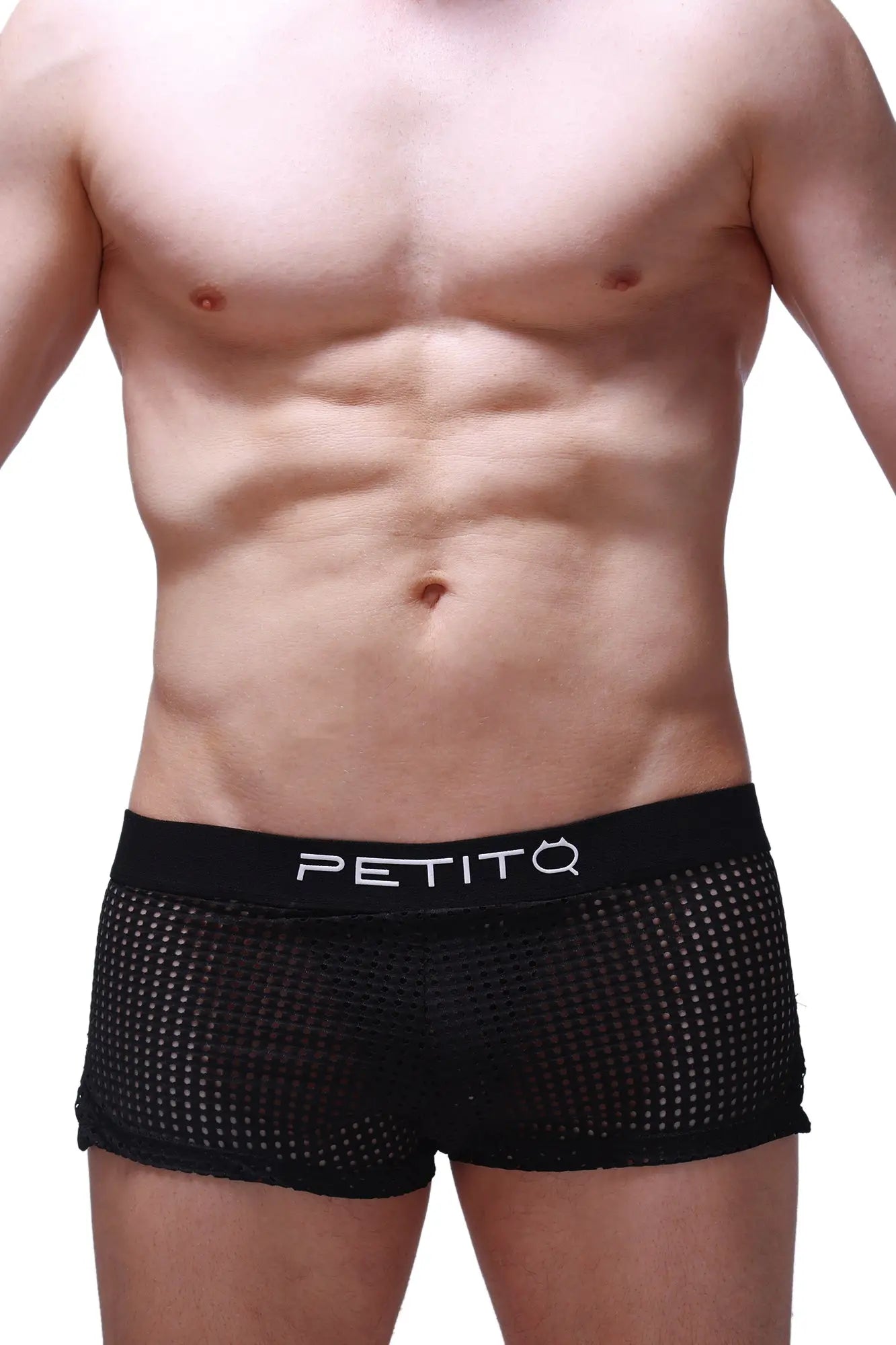Black mesh briefs short jock durtol black with solid black waistband and petitq logo in white lettering
