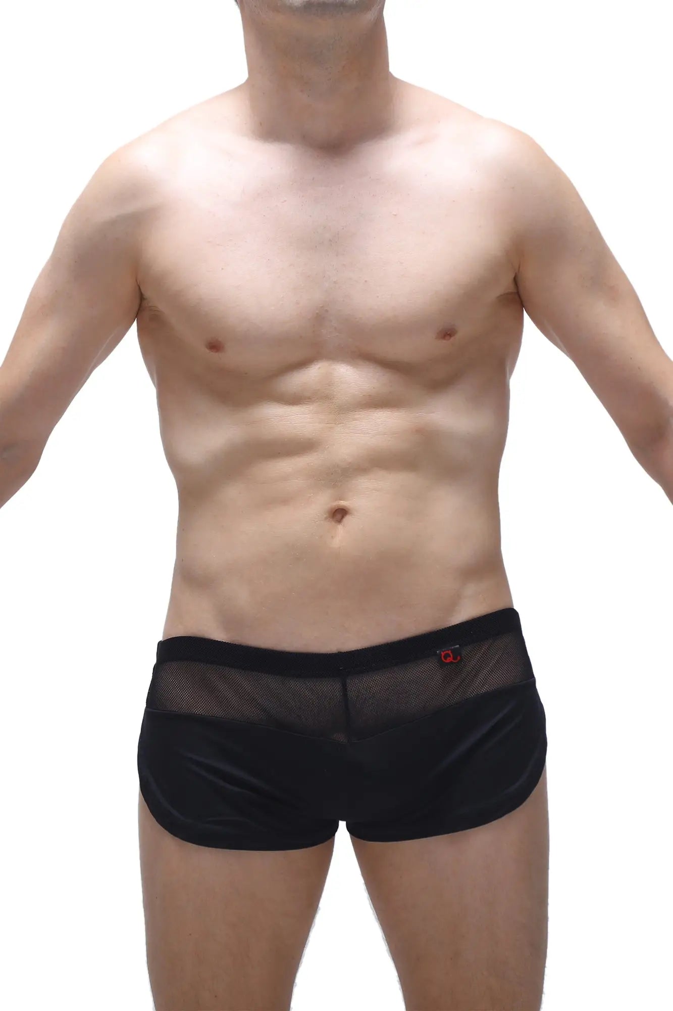 Black mesh briefs short lounge black with a solid black waistband and a small red logo on the side