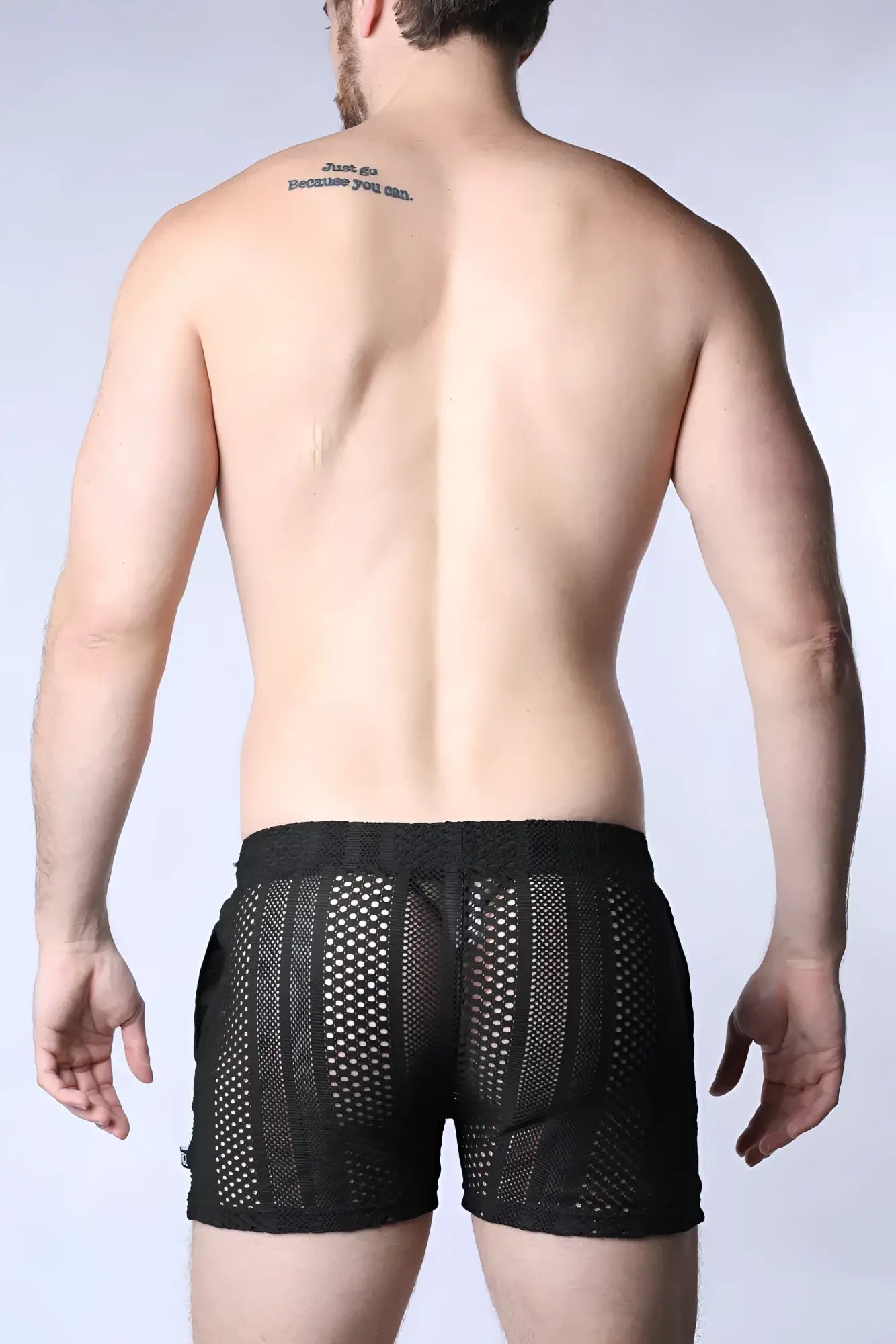 Black sicily crochet mesh shorts with sleek modern design and reinforced side panels