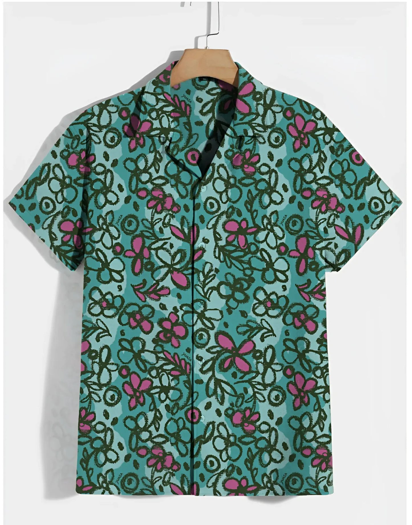 A teal short-sleeved hawaiian shirt with vibrant pink and dark green floral pattern sketchbook cosmos s s shirt