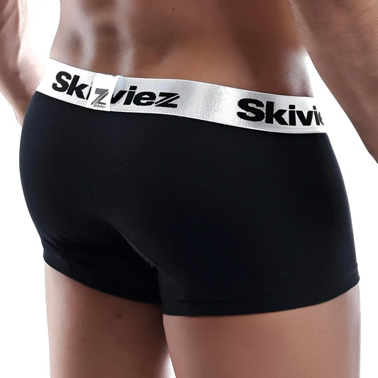Black skiviez szg017 boxer trunk with white elastic waistband and bold black brand name lettering
