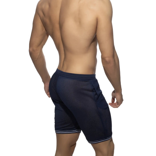 Navy blue mesh slam bermuda shorts with white trim along hem and waistband for athletic use
