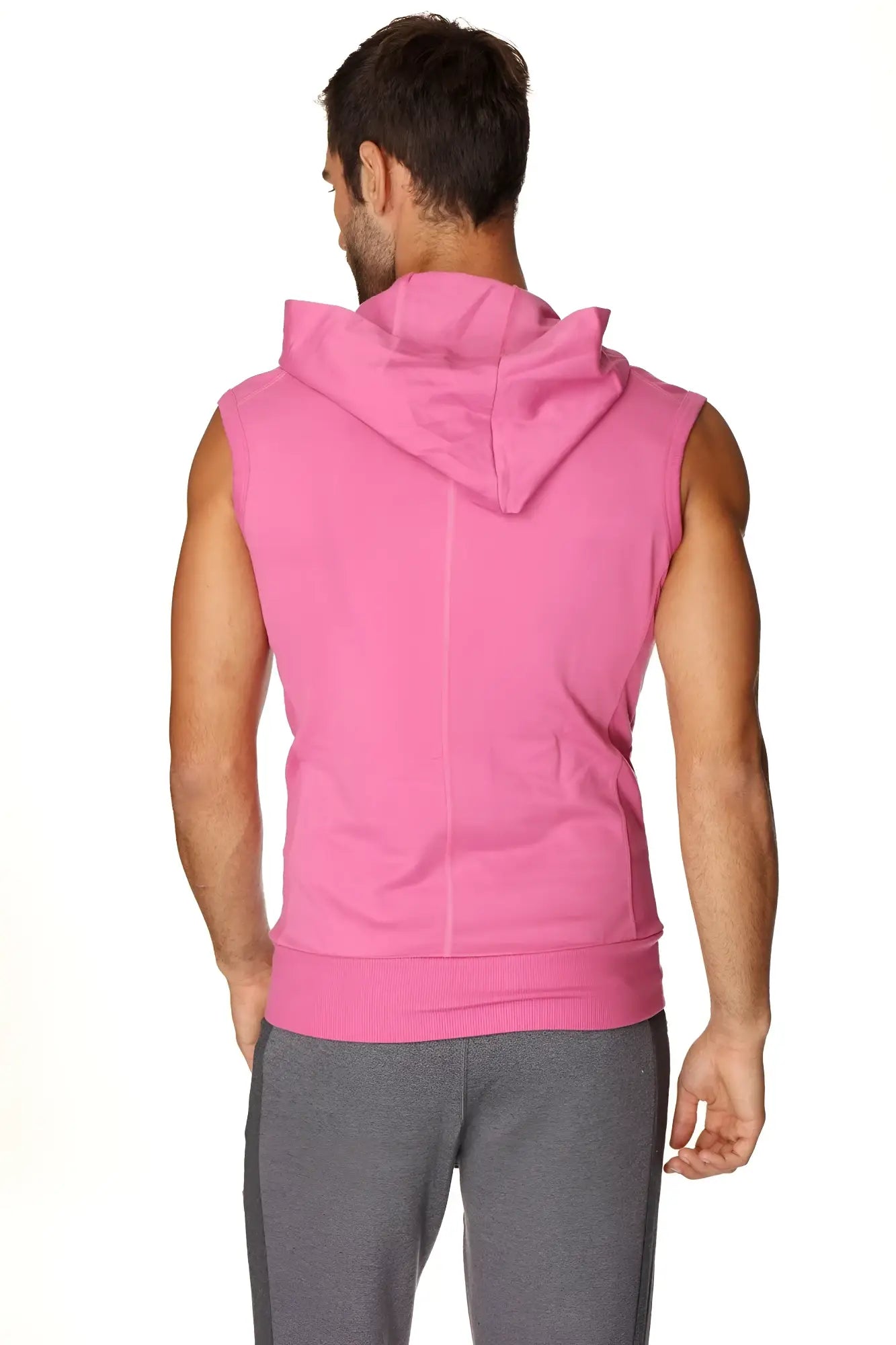 A vibrant berry sleeveless yoga hoodie with a hood and ribbed cuffs made from soft fabric