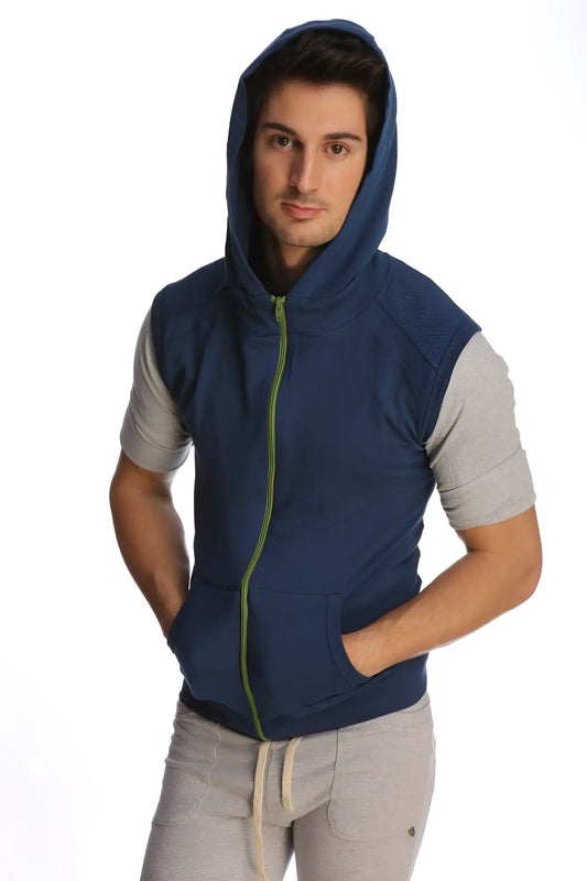 Sleeveless yoga hoodie in navy blue with lime green zipper and gray short sleeves designed for comfort and flexibility