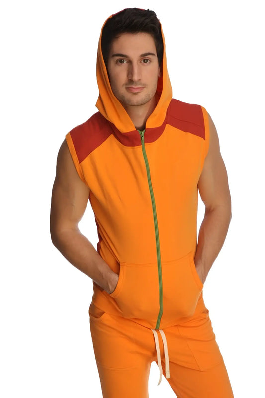 Orange and red sleeveless yoga hoodie with green zipper and matching drawstring pants for activewear