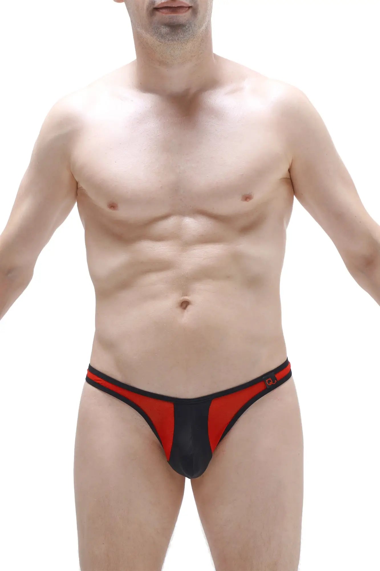 Black and red slingshot neuvit thong with mesh panel showing front and back design details