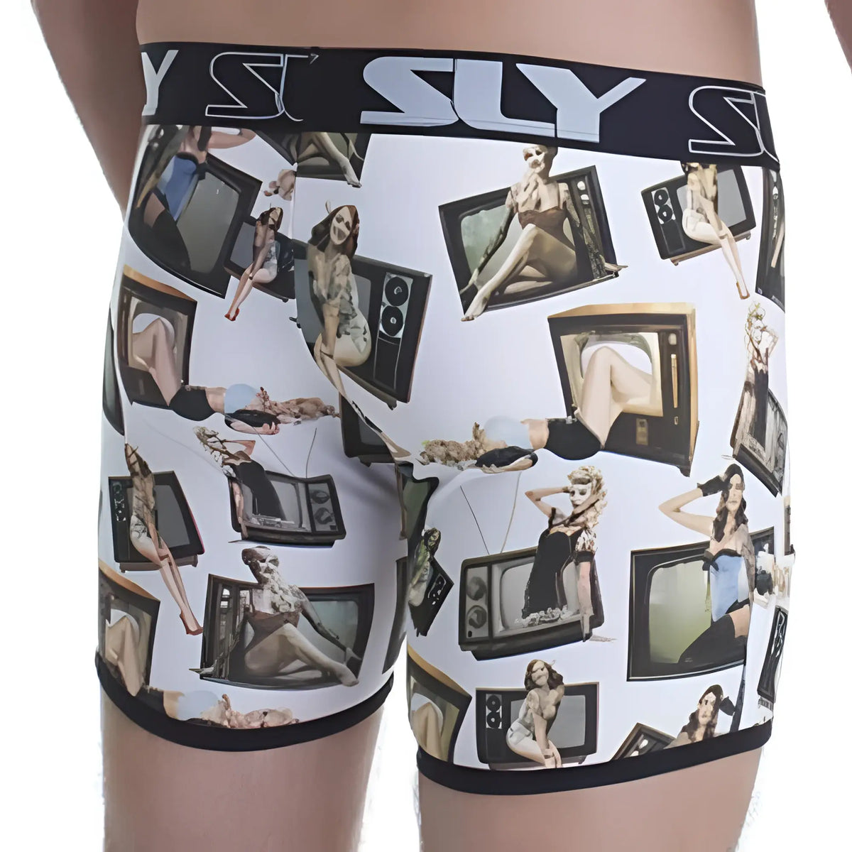 White boxer briefs sly sl 0030005w pinups with black waistband and leg bands featuring vintage pinup tv pattern