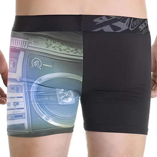 Black sly sl-bughew-ghetto work boxer briefs with vintage boombox graphic print on left side and solid black fabric on right
