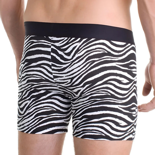 Sly SLBUZEBWM men’s boxer brief with black and white zebra stripes and solid black elastic waistband