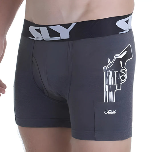 Dark gray heathered sly sly0020008w boxer briefs with white revolver graphic and sly branded waistband