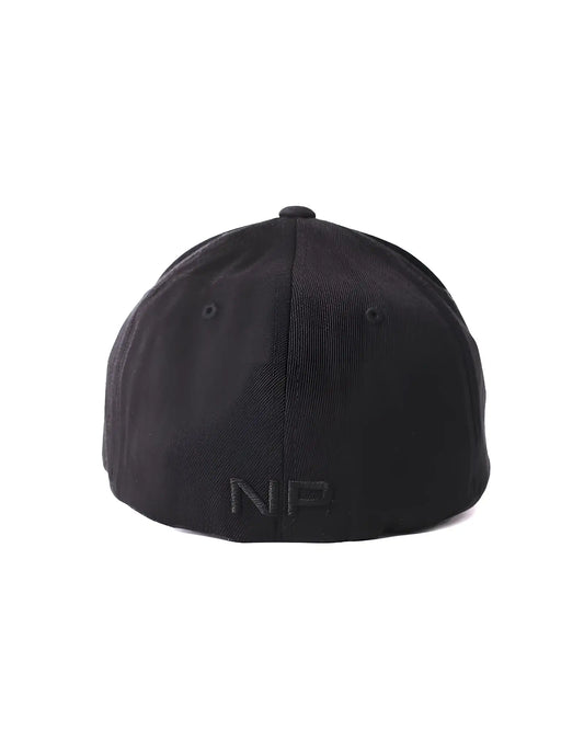 Black np-branded snout cap showing the back with a structured six-panel design and embroidered logo