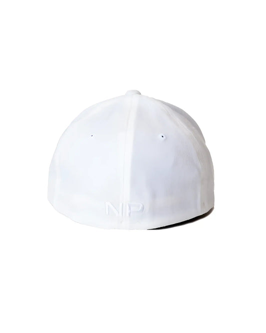 White snout cap baseball hat showing back with subtle embroidered np logo on the cotton fabric