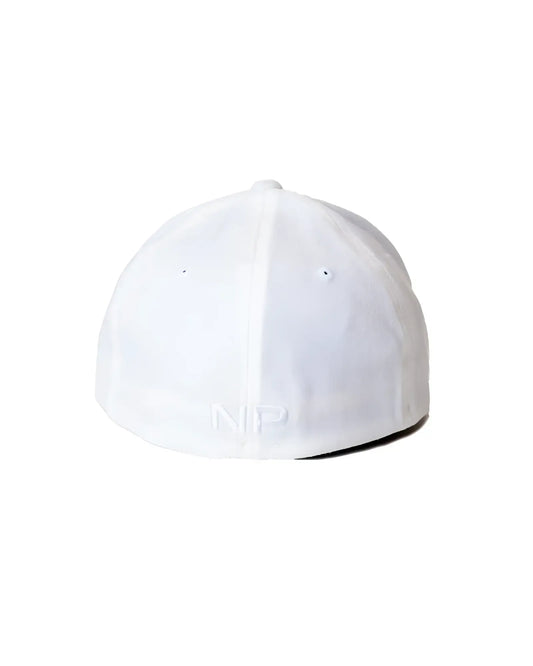 White snout cap baseball hat showing back with subtle embroidered np logo on the cotton fabric