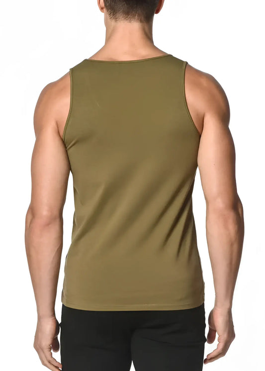 Olive green solid stretch jersey tank sleeveless top with a simple fitted design for casual wear