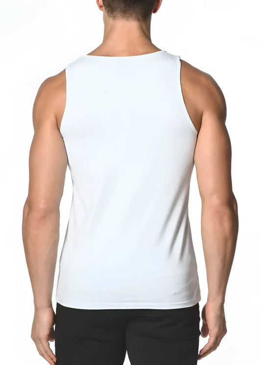 White sleeveless solid stretch jersey tank top with a simple fitted design for casual and active wear
