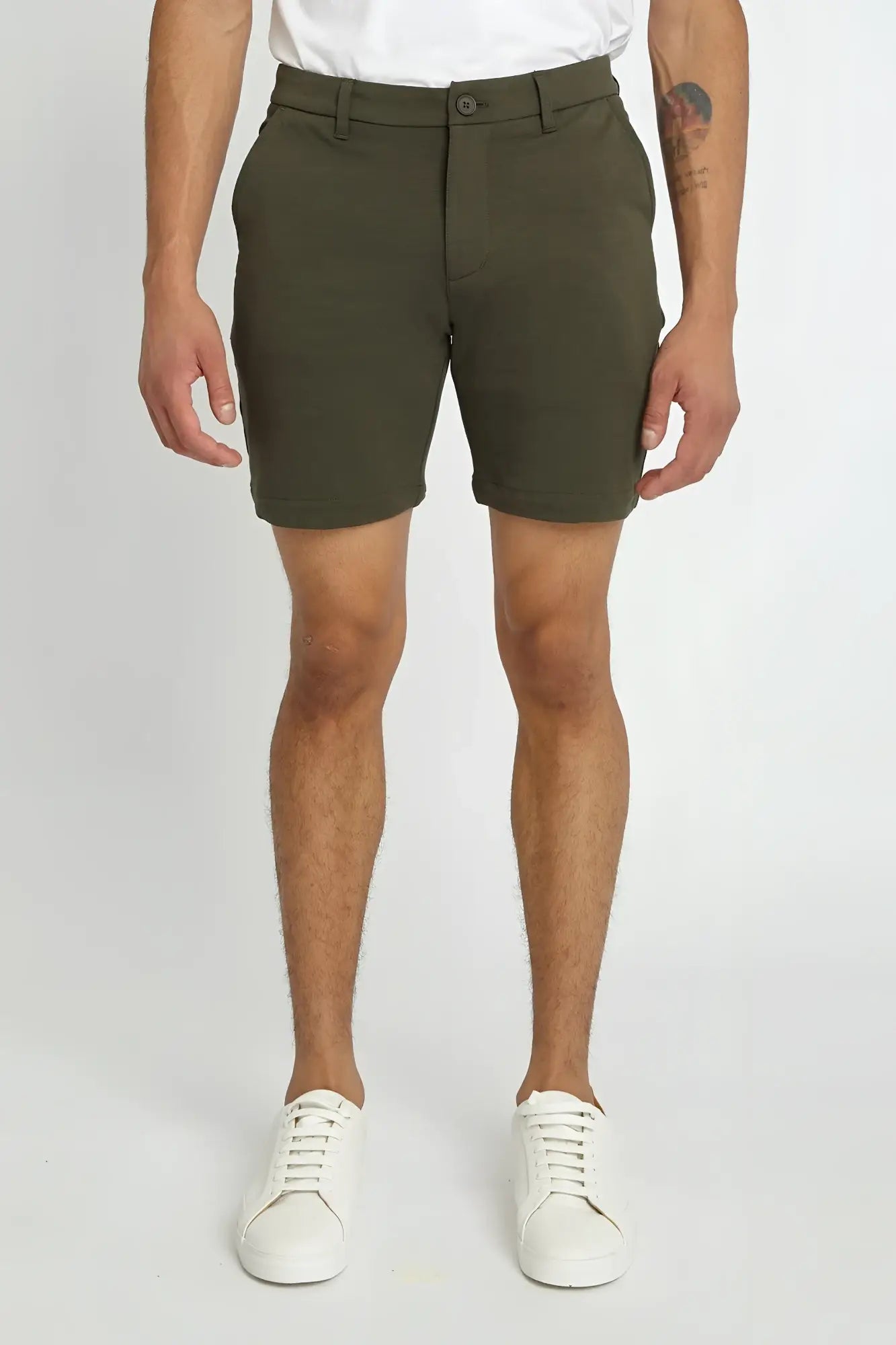 Olive green solid stretch knit chino shorts with classic fit and button closure