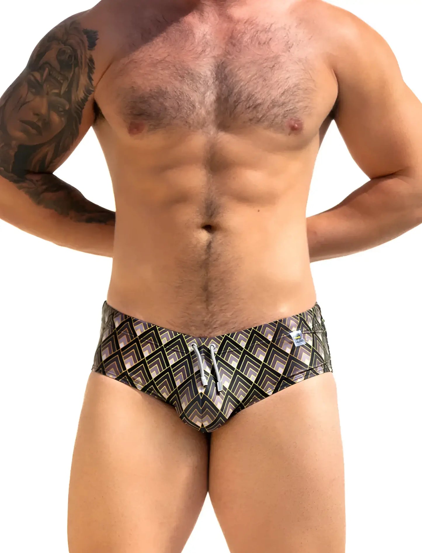 The sparrow swim brief black and gray geometric patterned swim trunks with drawstring waistband for swimming