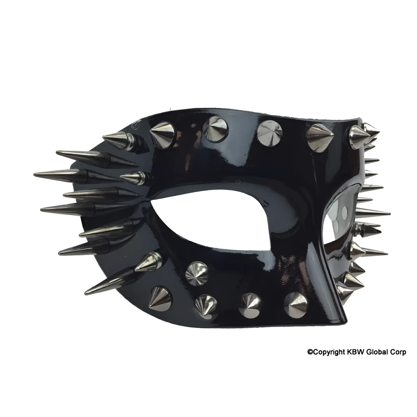 Black glossy leather half face mask with silver-toned spikes and studs available in red or black