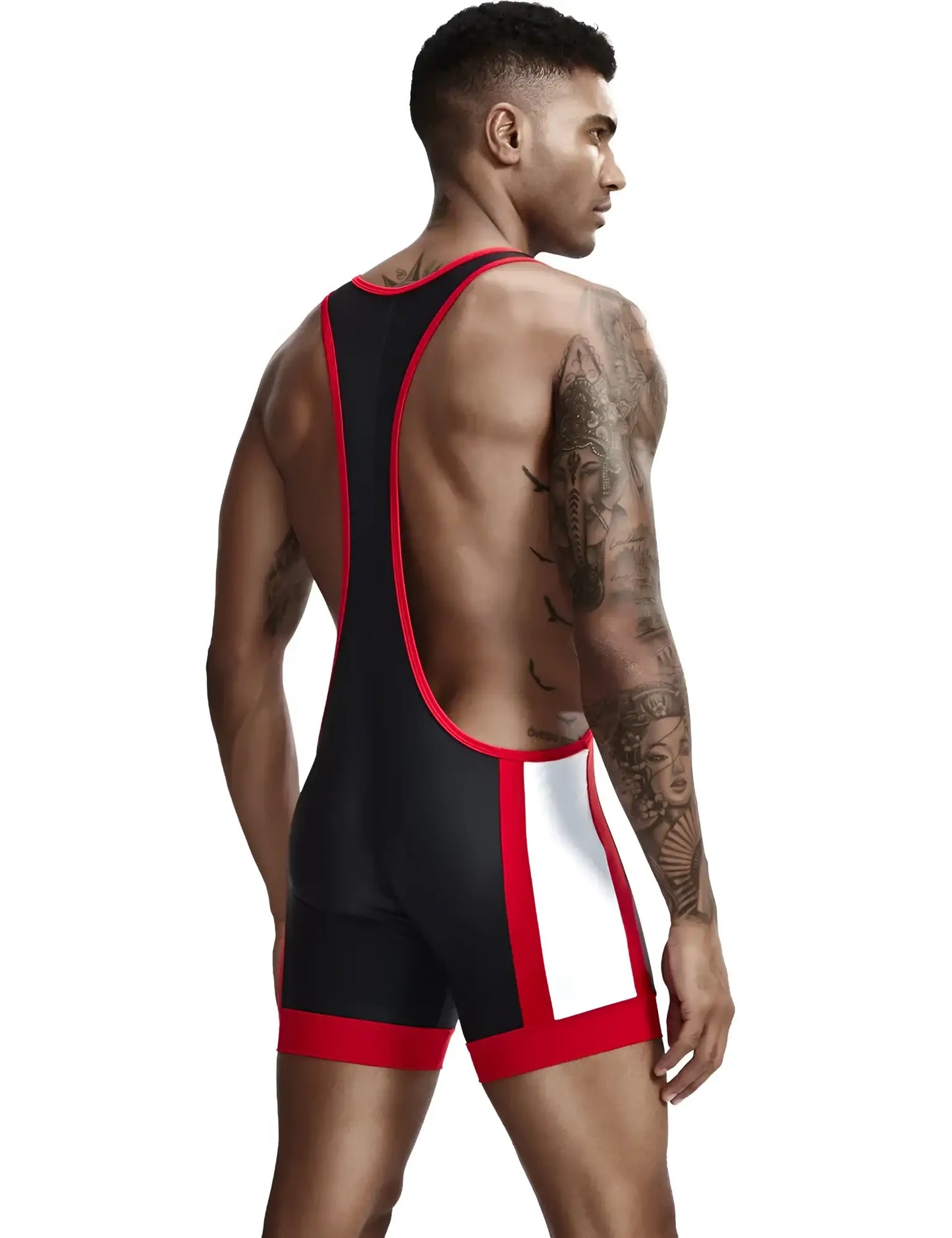Sport wrestling singlet in black and red with white side panel designed for competitive wrestling use