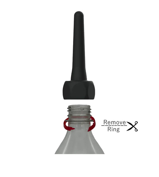 Black plastic spout pocket enema bottle cap with tapered spout and hexagonal base for controlled dispensing