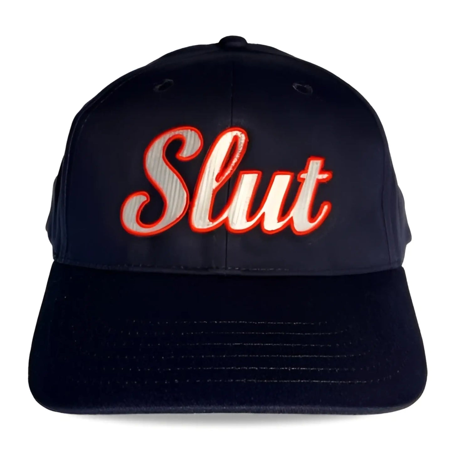 Black spunky monkee baseball cap with slut embroidered in red and white thread on the front panel