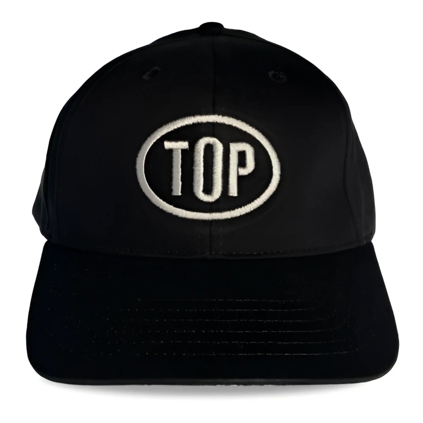 Black spunky monkee cap featuring a white embroidered top logo in an oval on the front panel