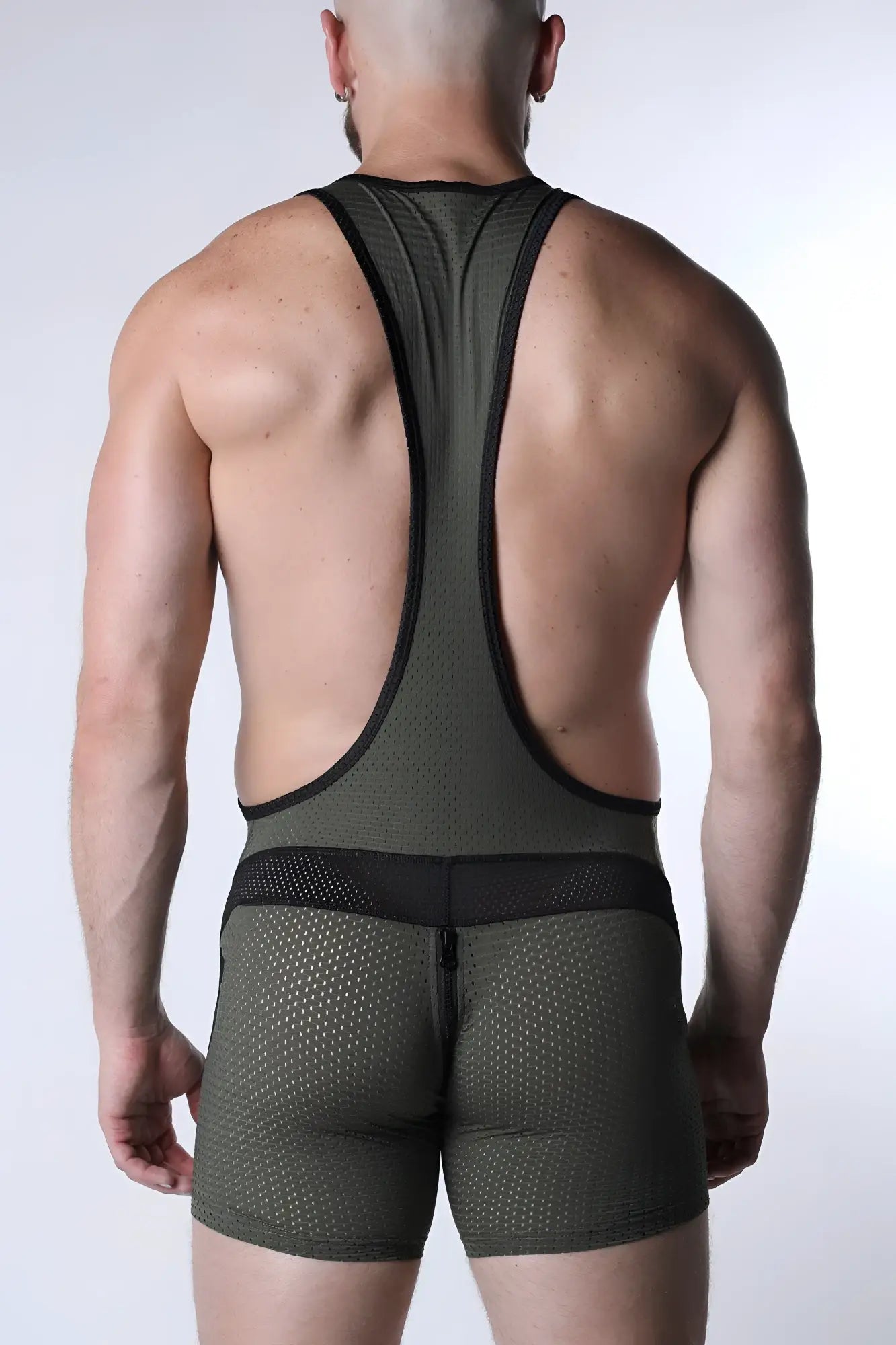 Starter mesh zipper singlet back side in olive green mesh with black trim and central zipper for athletic use