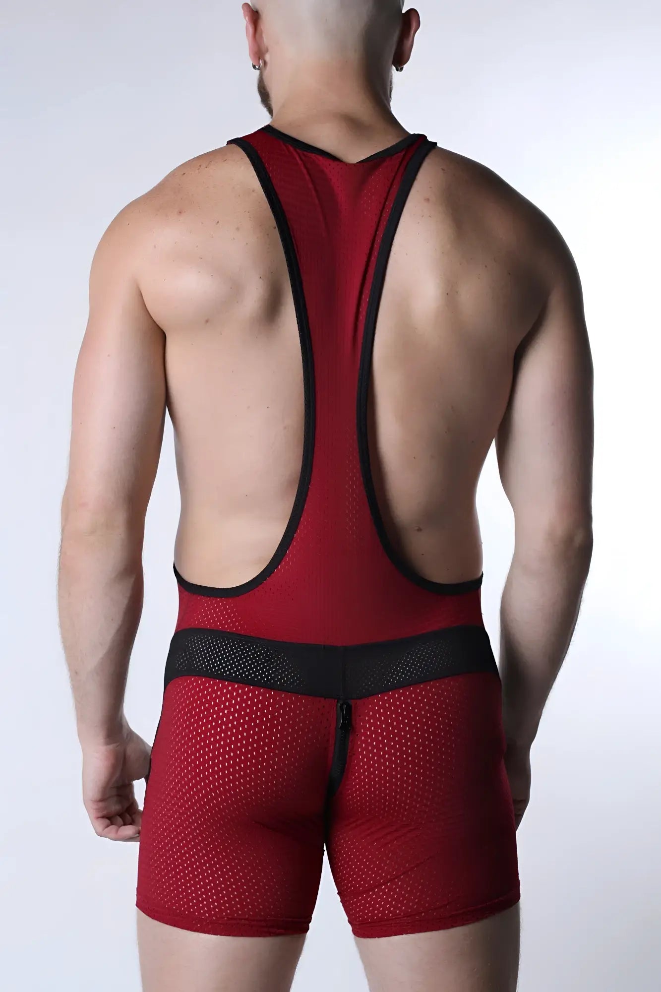 Starter mesh zipper singlet in red mesh with black trim and central waistband for wrestling use